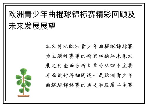 欧洲青少年曲棍球锦标赛精彩回顾及未来发展展望