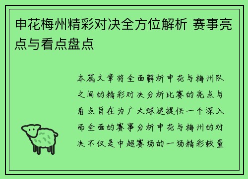 申花梅州精彩对决全方位解析 赛事亮点与看点盘点